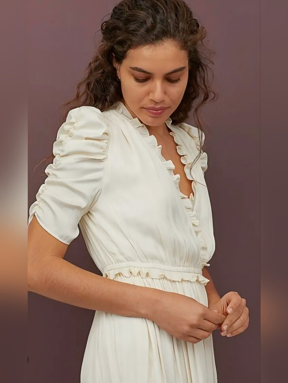 H&M Cream Ruffle V-Neck Tiered Maxi Dress